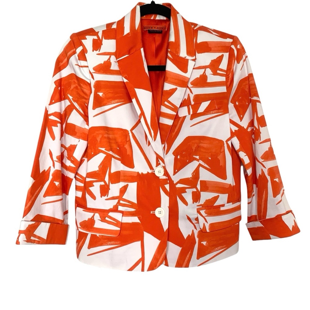 Alice + Olivia XS Orange White Geo Print Silk Lined Blazer Jacket